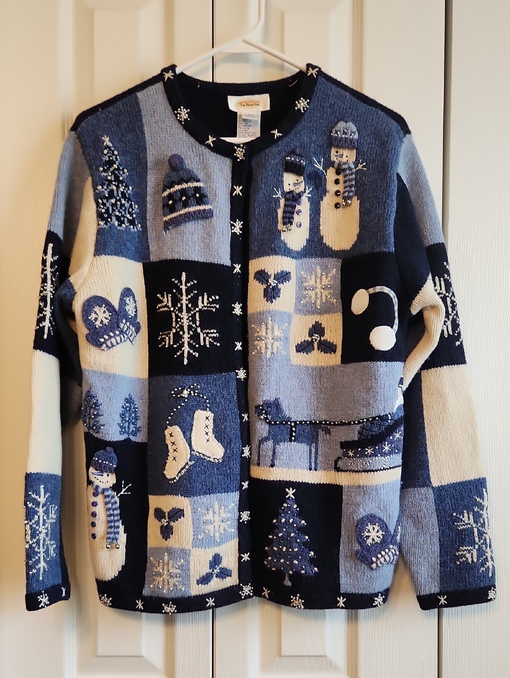 Talbots Blue and Cream 100% Wool Holiday Winter Patchwork Cardigan